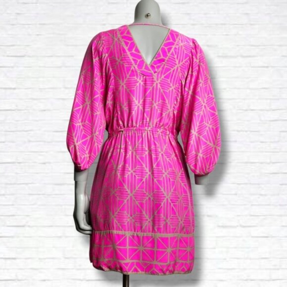 Alice Trixie Hot Pink With Gold Geo Print Silk V Neck Tunic Mini Dress Size S - Picture 6 of 12